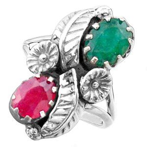 Handcrafted Emerald & Ruby Sterling Silver Cocktail Ring Size 9